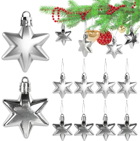 KATELUO 12 Stück Weihnachtsbaumschmuck, Christbaumanhänger Kunststoff, Stern Weihnachten Deko Weihnachtsbaum Anhänger mit Lanyards, Weihnachtskugeln Silber Christbaumkugeln für Christbaumschmuck