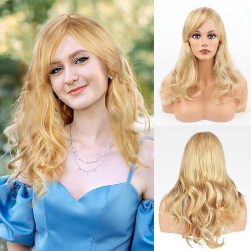 FENYW Lange Perücken Blond, 60cm Lange Gewellt Blonde Perücke mit Pony, Natürlich Synthetische Gewellte Perücken, Perücke Blond Hitzebeständiges Synthetik für Frauen Cosplay Party Karneval Halloween
