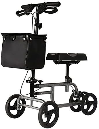 Knie-Rollator mit Rädern, All-Terrain-Rollator mit 8-Zoll-Rädern, zusammenklappbar, lenkbar, Rollator mit drei Rädern, mit Tasche, Korb und Tablett, für gebrochene Beine und Fuß-Knie-Roller