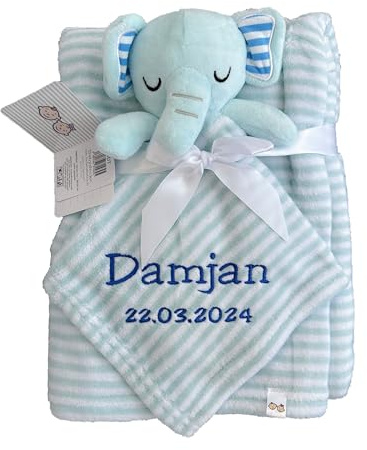 KIDDI-MEDIA Babydecke, Hellblau Elefant Streifen | Inklusive Trösterchen, mit Name und Geburtsdatum Bestickt, Kuschelig weich