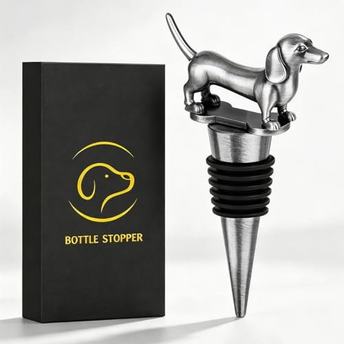LKKCHER Dachshund Wine Stopper, Wine Gifts for Men Dad Women Sausage Dog Lovers, Bottle Stoppers for Wine Champagne, Birthday Gifts, Dark Silver