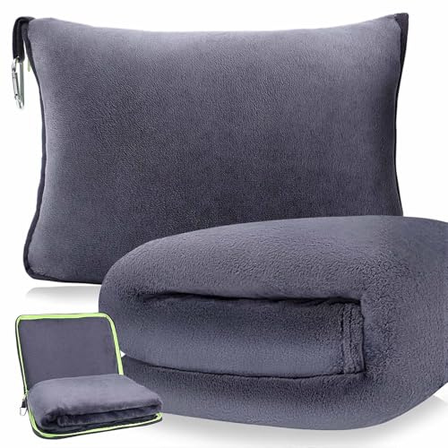 DAWNTREES Travel Blanket and Pillow,Travel Essentials Gifts on Airplane,Camping,Car,2 in 1 Airplane Blanket with Soft Bag Pillowcase,Hand Luggage Sleeve and Backpack Clip.