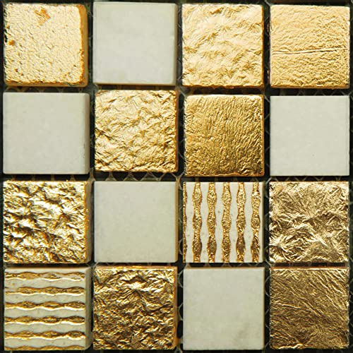 Crédence Cuisine Mosaïque Dorée Autocollants Carrelage Cuisine Et Salle De Bain, Adhesif Pour Carrelage Mural, Imitation Faience,Décoration Murale Pvc Imperméable15X15Cm
