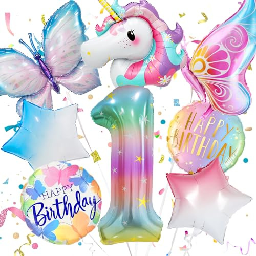 Konoz 1. Geburtstag Mädchen, Einhorn Geburtstagsdeko 1 Jahr Mädchen, Einhorn Luftballons 1. Geburtstag, Einhorn Kinder Party Deko, Folienballon 1 und Schmetterling Deko Geburtstag