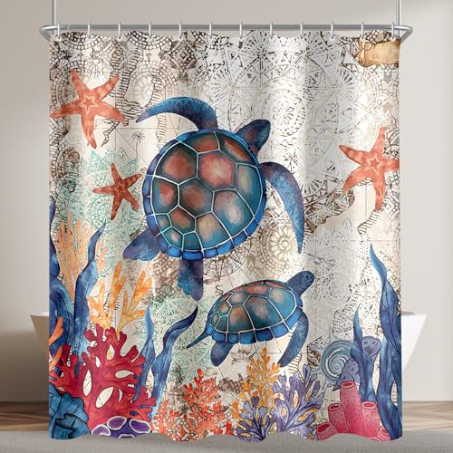 Lerores Duschvorhang 240x200cm, Schildkröte Seesterne Antischimmel Textil, Beschwerter Saum Wasserabweisend, Waschbar Polyester Badevorhänge mit 16 Ösen und Duschvorhangringe für Badezimmer, Badewanne