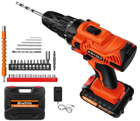 Trapano avvitatore a batteria 21 V, trapano a percussione 45 Nm Max con mandrino da 3/8, 1 batteria, 29 accessori, 25+1 regolazione di coppia, 2 velocità, per forare pareti, progetti fai da te,