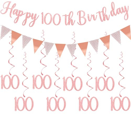 Elicola Rotgoldene Dekorationen zum 100. Geburtstag, Wimpelkette mit hängenden Wirbeln und Luftschlangen für Damen, Jahrestag, Party, Dekorzubehör