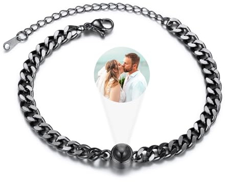 INBLUE Personalizada Foto Proyección Pulsera para Pareja Acero inoxidable Curb Cadena Pulsera con Proyección de Cuentas Personalizada Pulsera con Foto Interior Memorial Regalos para Mujeres - Negro