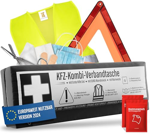 KFZ Kombitasche (3 in 1) nach aktueller Norm 2026 - Inkl. Warndreieck, Warnweste - Verbandskasten Warndreieck Set Verbandskasten Auto DIN 13164:2022 (StVO konform)