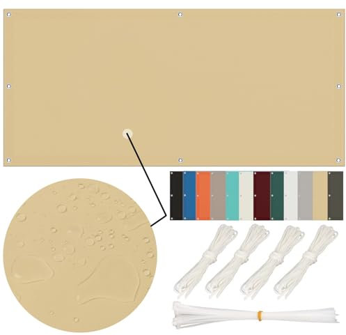 Balkon Sichtschutz 140x450cm, Sonnensegel Wasserdicht Sonnensegel Rechteckig mit Ösen Balkonabdeckung Sonnensegel Balkon Ohne Bohren Balkonverkleidung für Garten Terrasse, Sand Beige