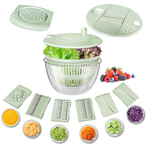 Airpro Salad Spinner Large, Vegetables Fruits Wash Bowl,Lettuce Spinner Pasta and Fries Dryer with 5 Blades,Egg Yolk Strainer Slicer Shredder for Kitchen Colander, 5.3 Qt, Green White