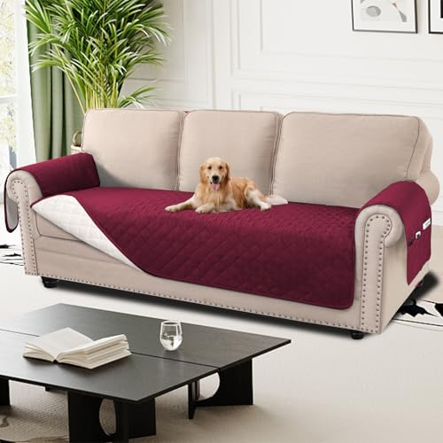 H.Versailtex Sofa Cover 100% Waterproof Sofa Slipcovers 3 Seater, Washable Sofa Protector with Side Pocket, Non Slip Couch Covers for Kids/Dogs/Pets (3 Seater, Burgundy)