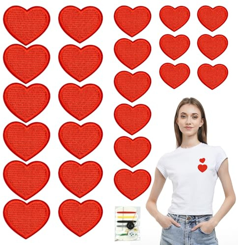 Rote Herz-Aufnäher Bestickt, Herz Aufnäher zum Aufbügeln,Herz Bestickte Patches, Bügelbilder Herz Zum Aufbügeln, für Kleidung Jacken Rucksäcke Jeans Hüte Taschen (24 Stück)