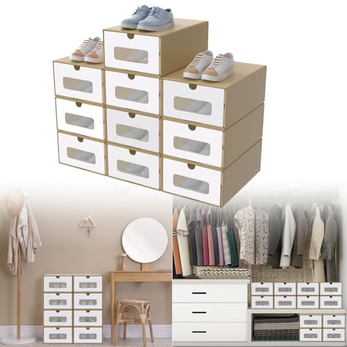 XINZI 30er Boxen-Set mit Transparentes Sichtfenster,Schuhboxen Stapelbar,Aufbewahrungsbox Schubladen aus Kraftpapie,Schuhkarton Ordnungsboxen für Zubehör & Accessoires, Braun