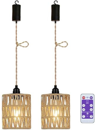 YIKEGE LICHT Lot de 2 suspensions avec piles - Pour l'extérieur - Sans raccordement électrique - Panier en rotin - Abat-jour bohème - Corde de chanvre - Ampoule sans électricité - Décoration de Noël