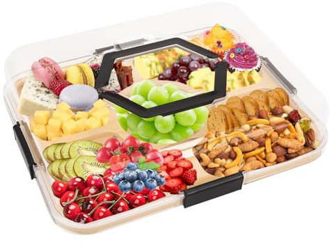 Charcuterie Boards with Lid, Wooden Charcuterie Board with Compartments Snack Board, Cheese Board with Lid Covered Food Board, Cheeseboard Gift for Picnic Camping, Boards (5 compartments)