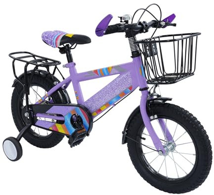Fridgestea 14 Zoll Kinderfahrrad mit Stützrädern & Korb | Kinderrad für Mädchen & Jungen 3-6 Jahre (100-120cm) | 50kg Traglast | Fahrrad für Kinder mit geschlossenem Kettenkasten (Lila)