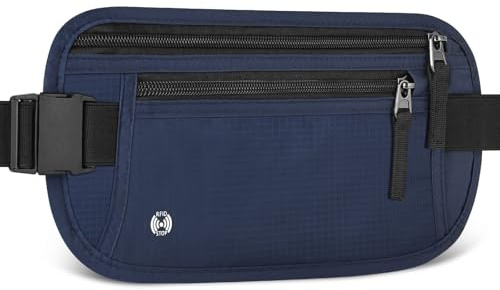 Aucuu RFID-blockerande resväska, stöldskyddsväska, liten osynlig platt midjeväska för män och kvinnor, lämplig för pass och telefon, #3 blå, 14*28cm, Klassisk