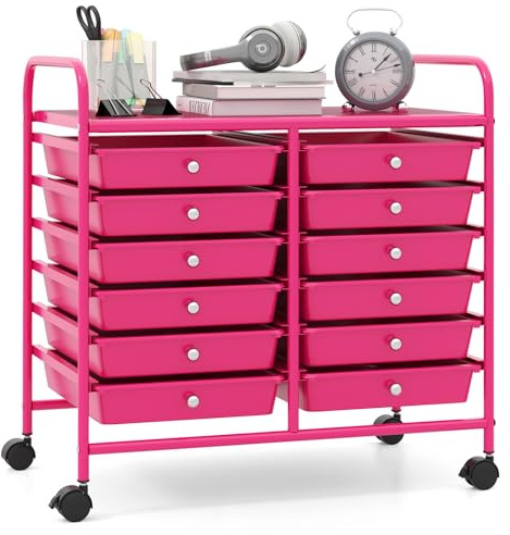 GIANTEX Rollwagen mit 12 stapelbaren Schubladen, Schubladenwagen mit Rollen & Arbeitsplatte, Badrollwagen für Wohnzimmer, Küchen, Schlafzimmer & Büros, 64 x 38 x 62 cm (Rosa)