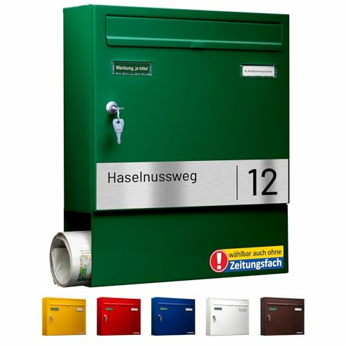 AL Briefkastensysteme Basic-Line 1er Briefkasten personalisiert mit Namensschild Straße und Hausnummer - Postkasten Grün modern mit mit Zeitungsfach - Gravur wetterfest Wandbriefkasten Zaunbriefkasten