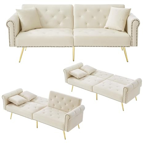 Lontl Schlafsofa 2 Sitzer mit Schlaffunktion – Verstellbares Sofa aus Samt, Schlafcouch klappbar & platzsparend, kleines Sofa für Wohnzimmer & Gästezimmer (Beige 2-Sitzer-Schlafsofa)
