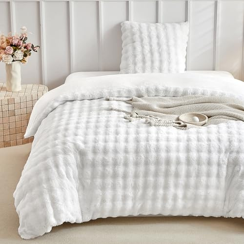 Lekesky Plush Bed Set 135 x 200 cm, Soft Faux Rabbit Fur Bed Set, White, Winter Bed Set 135 x 200 cm with Zip and 1 Pillowcase Including
