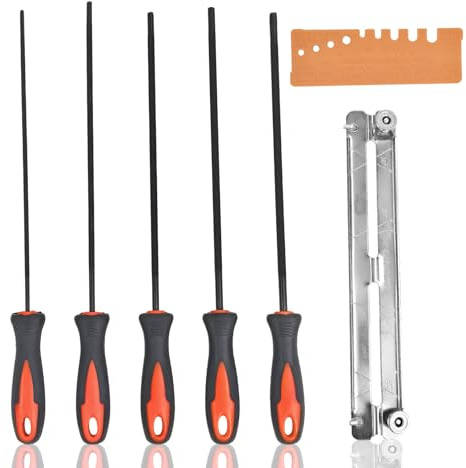 7 Stück Feile für Kettensäge Mit Griff, Aktenhalter Pferd Feile und Schnelllehre, Metall Kettensäge Rundfeilenset, 5 Größen, 3.2 mm, 4.0 mm, 4.8 mm, 5.2 mm, 5.5 mm, Schärfen Passend für Kettensägen