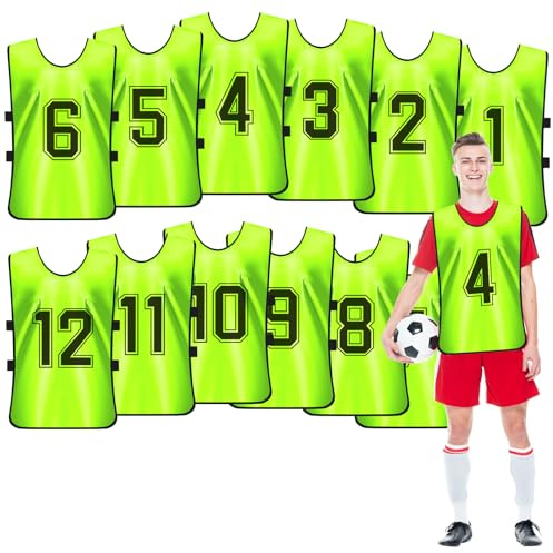 OGMBI 12 Stück Fluoreszierendes Fußball-Leibchen mit Nummern für Erwachsene