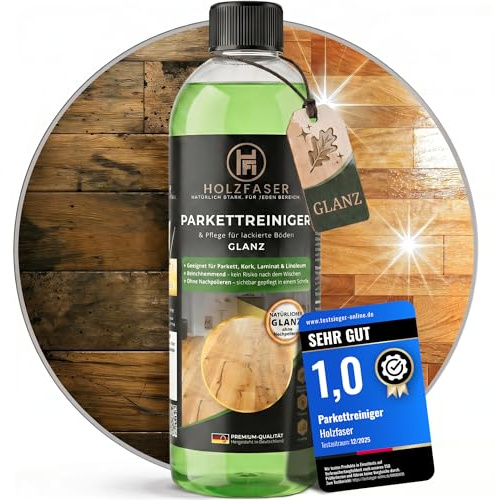 Holzfaser Parkettreiniger MATT/GLÄNZEND – 3-in-1 Konzentrat 1 L für versiegelte Parkett- & Holzböden, Parkett Pflege, Laminat & Kork | streifenfrei ohne Nachpolieren, rutschhemmend