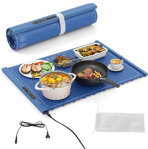 RELAX4LIFE Tappetino Riscaldante per Alimenti, Scaldavivande Elettrico Arrotolabile in Silicone, con Tempo e Temperature Regolabili, Cinturino Autobloccante, per Scongelamento (60 x 44cm,Blu)