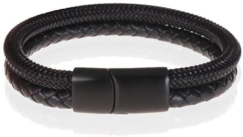 Herrarmband Tom Jaxon flätat läder och stål svart - 21 cm