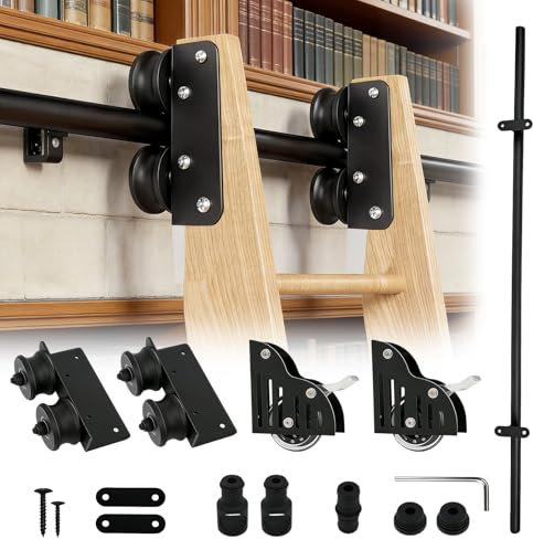 12FT Sliding Library Ladder Hardware, Steel Material Rolling Ladder Hardware, Max Load 300lb Sliding Kit with Brake Caster for Library, Home Office, Not a Ladder