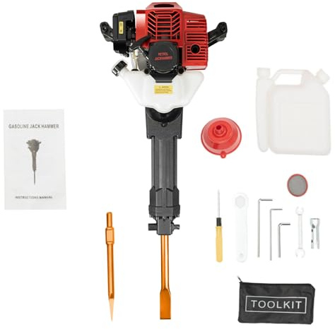 Poyujkyhr 52CC - Martello demolitore a benzina a 2 tempi, con 2 scalpelli (punta e piatto), 1900 W, 55 J, forza di impatto 1500 BPM, martello a percussione, 70 dB, silenzioso, per rotture di