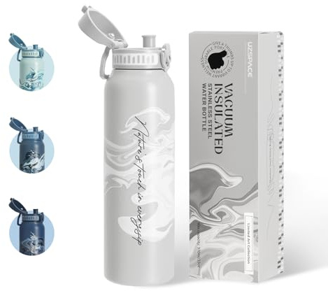 UZSPACE Gourde Isotherme 1L (970ml) en Acier Inoxydable - Bouteille Isotherme Double Paroi à Motif Artistique - Gourde Sport Adulte - Idéale pour Plein Air, Gris Silex