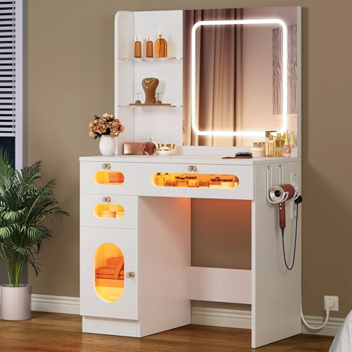 YITAHOME Coiffeuse avec Miroir à LED, 3 tiroirs, 2 étagères, luminosité réglable avec 3 Niveaux d'éclairage, Blanche