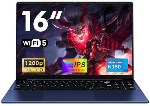 NAIKLULU 16 Pulgadas Ordenador Portatil Laptop RAM 16GB SSD 1TB Processor N150 (1,2 a 3,6GHz), Pc Portatil Notebook Computadora Portatil, 6000Mah/Teclado Completo Retroiluminado/1920x1200P/Webcam