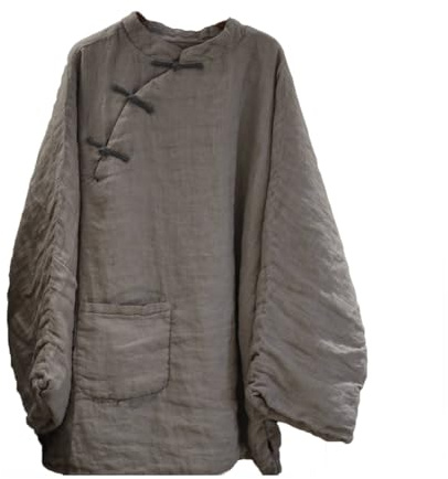 NFYM Women's Traditional Chinese Tang Suit Coat with Frog Button Closure, Long Sleeve Linen Tunic with Pocket (US, Alpha, One Size, Regular, Regular, Grey)