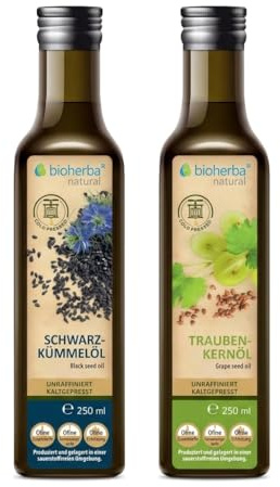 Kaltgepresstes Schwarzkümmelöl & Traubenkernöl 250 ml – 100% Nigella Sativa & Traubenkernöl | Pflanzenöle für Küche & kosmetische Anwendung | BIOHERBA