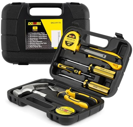 DOWELL Small Homeowner Tool Set 9 Pieces General Household Small Hand Tool Kit with Plastic Tool Box Storage Case