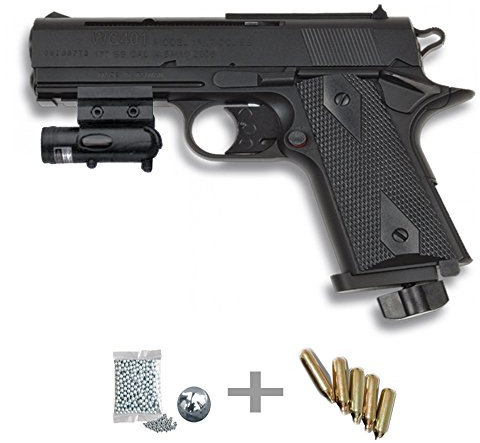 Kit WC 401 - Pistola de Aire comprimido (CO2) y balines de Acero (perdigones BBS) Calibre 4.5mm. Réplica + Accesorios <3,5J