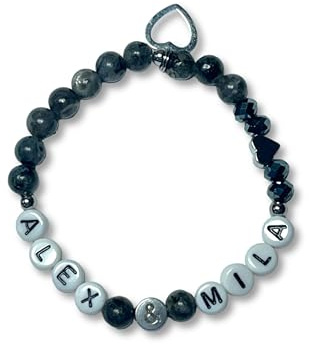 Majas Perlen Armband mit Namen Labradorit - Herz echt platiniert - Namensarmband Freundschaft Liebe Mama Geburt - Rosenquarz Aventurin Türkis uvm. - Handmade Personalisierbar