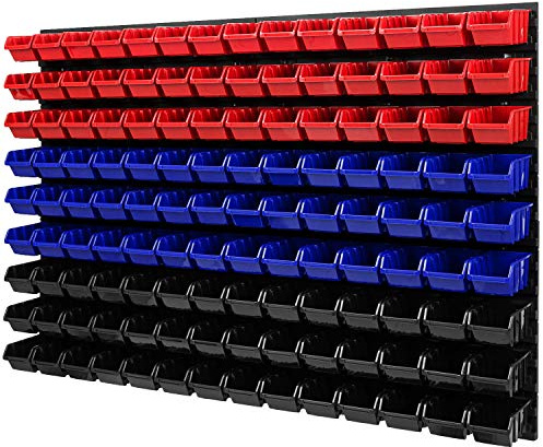 Étagère murale avec boîtes empilables - 1152 x 780 mm - 126 pièces - Système de rangement - Panneau perforé pour outils - Étagère à godets (rouge/noir/bleu)
