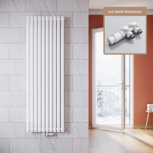 ELEGANT Radiateur vertical design blanc 1800x590mm - avec thermostat - multibloc - blanc - Radiateur tubulaire - double couche - pour la salle de bain - raccord central