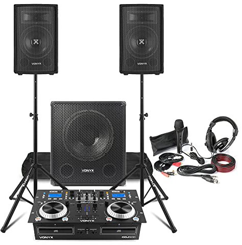 Complete DJ Setup with 8-Inch Passive Speakers, 15-Inch Active Subwoofer, Dual CD Mixer with Amplifier, Tripod Stands, DJ Mic, Headphones & Cables