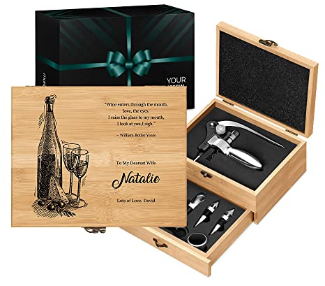 Maverton Wine Opener Set, Engraved Sommelier Corkscrew Set, Picknick | Stainless Steel Wine Opening Accessories, Customized Wine Opening Kit in Bamboo Case, Gift for Woman