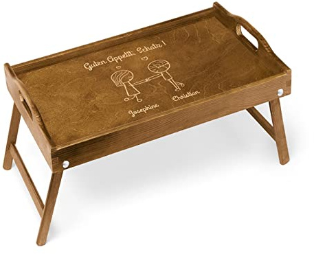 Maverton Betttablett mit Gravur - für Zwei - Sofatisch mit Griffen - klappbar - mit erhöhtem Rand - Geschenk für Paare - Einzugsgeschenk - Hochzeitsgeschenk - Dunkelbraun - Guten Appetit