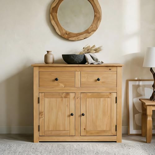 Buffet salle à manger CANCUN L 93 cm en bois massif finition laquée avec 2 portes et 2 tiroirs, meuble de rangement bas style maison de campagne bahut vaisselier commode pratique 93 x 80 x 40 cm