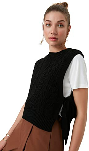 TRENDYOL Damen Crew Neck Plain Regular Vest Sweater, Schwarz, M EU