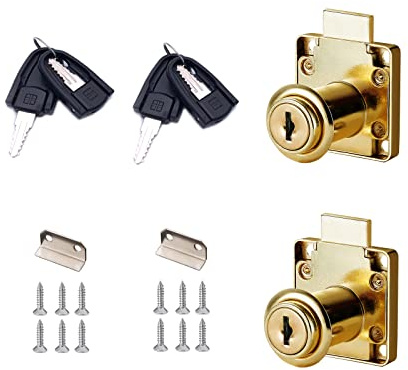 Cabinet Drawer Locks with Keys- XIEHE 138 Zinc Alloy Replacement Door Locker Keyed Alike 2 Pack Cylinder Diameter 0.75 Inch Gold Brass Plated