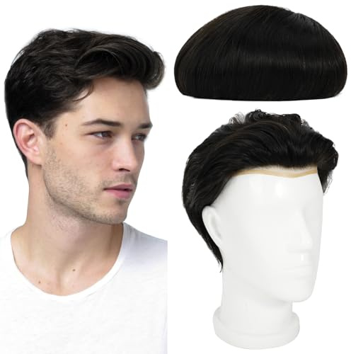 Zakya Perücke Männer, mit Spitze und dünner Haut,100% Echthaar, Leichte Mittlere Dichte, Komfortables und Atmungsaktives Haarsystem (Off Schwarz 1B# 20 * 25 CM)